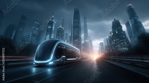 Solar-powered self-driving bus navigating a futuristic cityscape at dusk high-resolution gigapixel scene