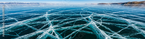 Panoramic View of Cracked Blue Ice on Lake Baikal in Winter