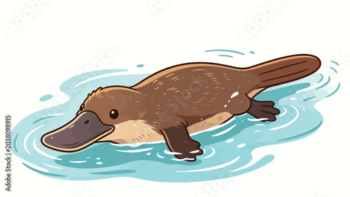 Adorable Kawaii Chibi Cartoon Duck-Billed Platypus Swimming Gently on Rippled Pale Blue Water, Cute Warm Toned Animal Illustration