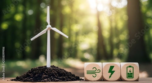 Clean wind energy and battery storage concept with turbine model, wooden icons and forest background