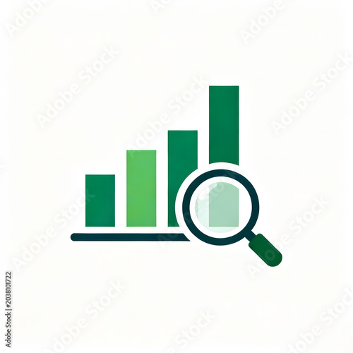 A graphic illustration depicting a green bar chart showing growth and a magnifying glass, symbolizing data analysis, business growth, and financial performance.