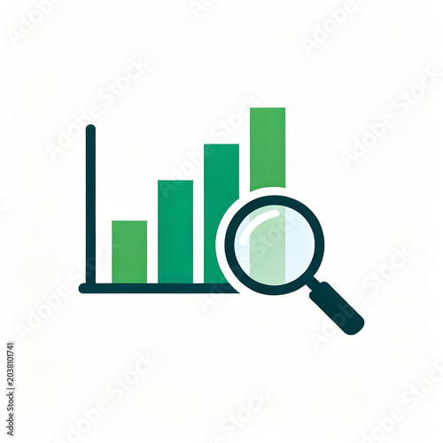 A graphic illustration of data analysis and business growth with a magnifying glass examining an upward trending bar chart.