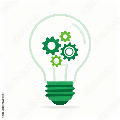 Green light bulb with gears inside, symbolizing innovation, efficiency, and sustainable technology solutions on a white background.