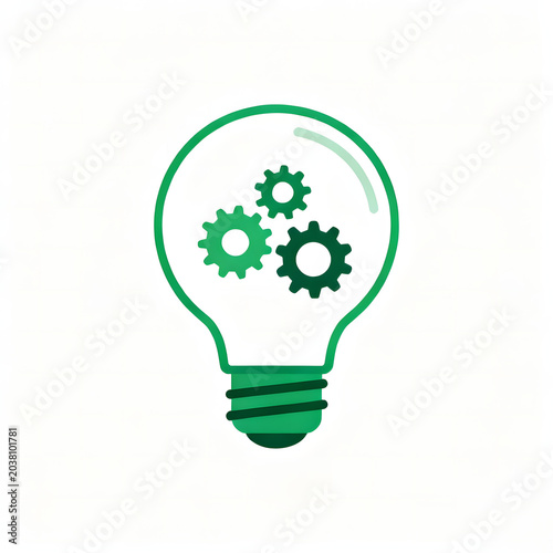 Stylized green lightbulb icon with three gears inside, depicting concepts of innovation, mechanics, and creative engineering on a white background.