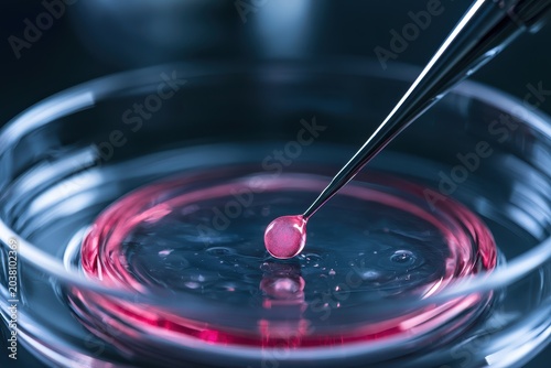 Stem cell research conducted in a petri dish with a precision micro-needle under cinematic lighting for biotechnology and pharmaceutical marketing