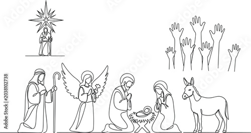 Christian Nativity Scene Line Art Vector Illustration with Holy Family Angel Donkey and Christmas Star Design