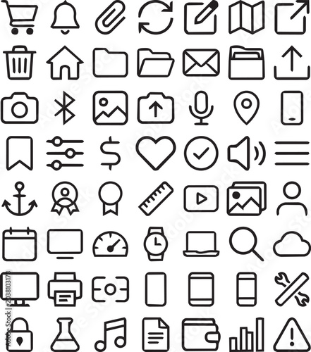 Modern Minimal Line Icon Set With Shopping Communication Navigation Multimedia Security And Business Symbols Outline Vector Collection For Mobile App Web Interface UI UX Dashboard And Graphic Design