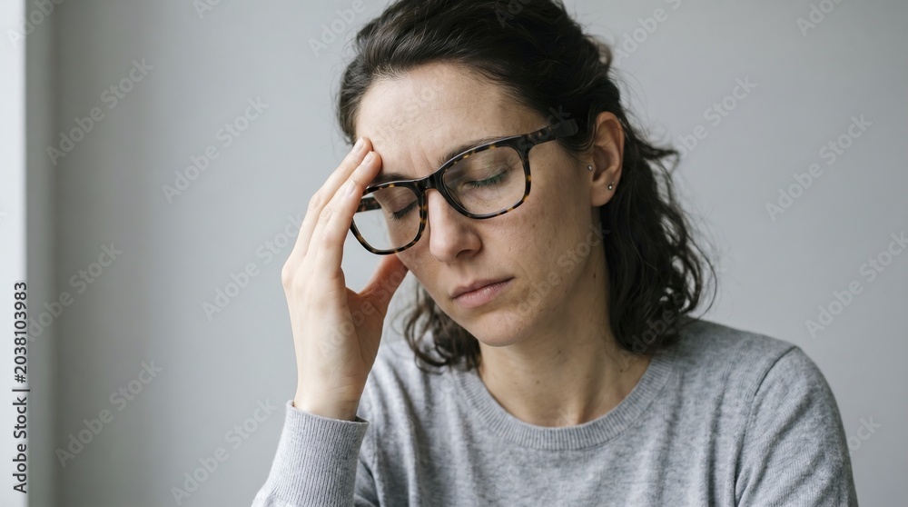 Fototapeta premium Woman with Glasses Experiencing Headache and Stress, Holding Forehead
