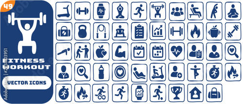 Gym, Fitness, and Workout solid icon set. Contains symbols for Treadmill, Dumbbell, Smartwatch, and Yoga Pose. Flat vector design for exercise plans and healthy lifestyle apps.