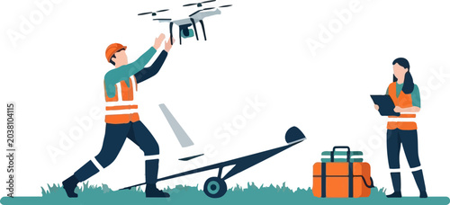 Engineers operating drone and airplane for industrial inspection.