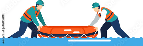 Two Workers Carrying Large Inflatable Rescue Lifeboat Together.