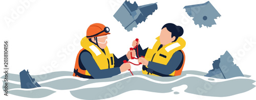 Rescue workers assisting person in rough flood waters.