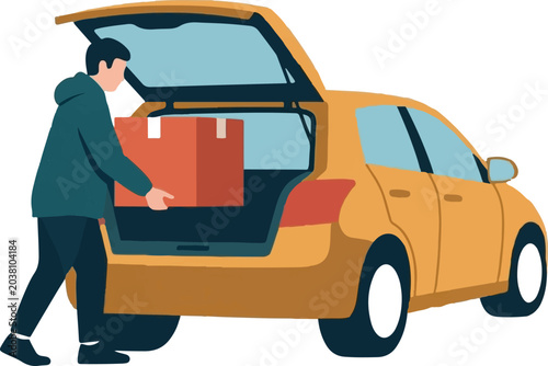 Man loading large box into car trunk carefully.