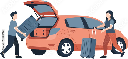 Couple loading luggage into car for vacation trip together.