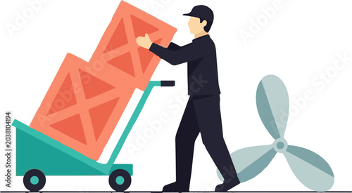 Worker Transporting Heavy Boxes on Hand Cart Indoors.