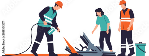 Construction workers managing welding and safety operations together.