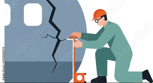 Industrial worker repairing cracked metal structure with tool.