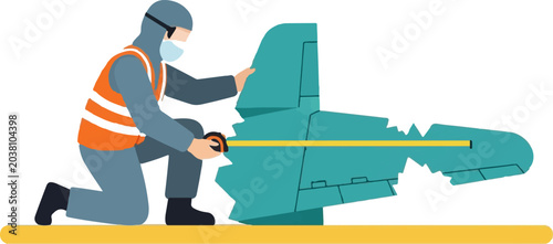 Industrial worker repairing large teal airplane engine part.