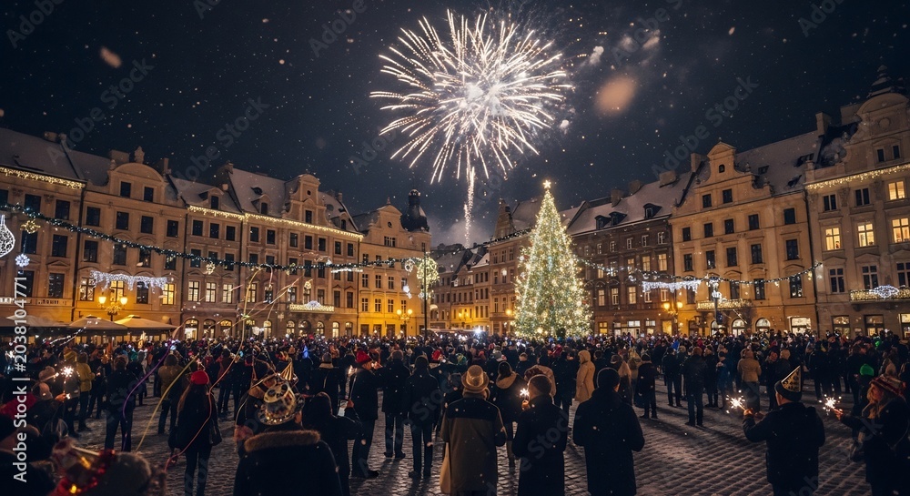 Obraz premium 雪降る夜の街賑わう広場で花火が打ち上がり暖かな光を放つクリスマスツリーが人々を笑顔にする冬祭り. AI Generated