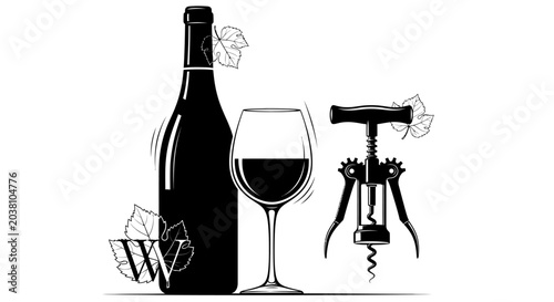 Foto Wine bottle with glass and corkscrew.