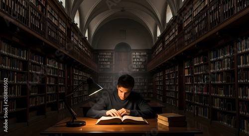 Young man studying intently in a grand, old library, illuminated by desk lamp.