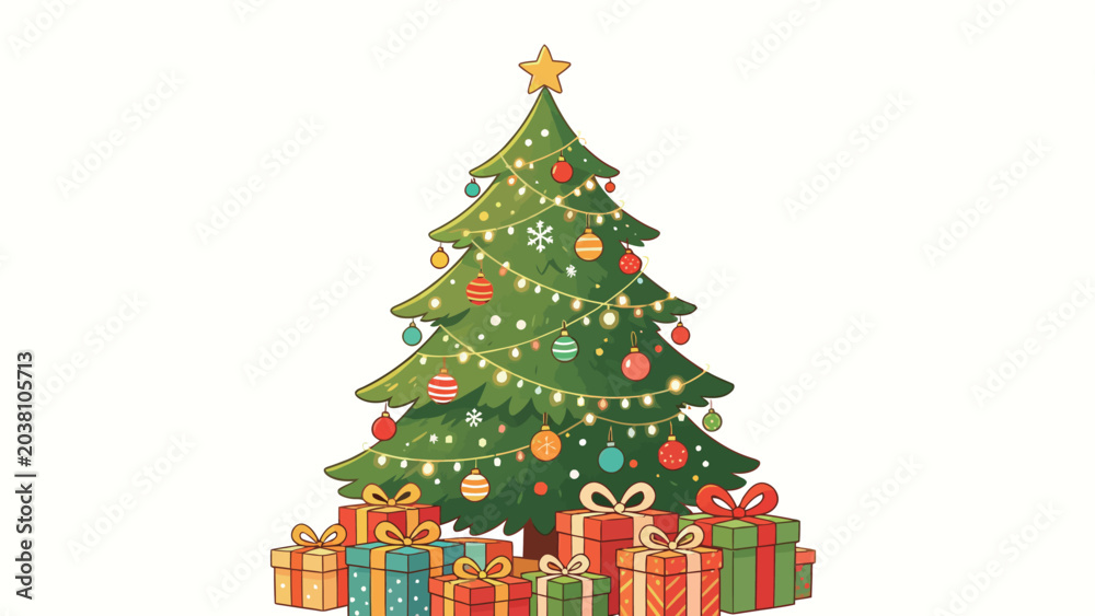 Naklejka premium Cute flat cartoon decorated Christmas tree with golden star topper, warm string lights, colorful baubles, snowflake decals, and stacked wrapped holiday gifts on soft plain white background