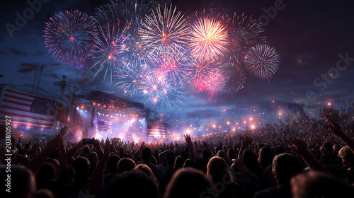 A massive crowd celebrates under a stunning night sky, illuminated by dazzling fireworks and patriotic American flags during a grand outdoor concert event.