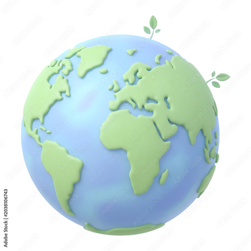 Naklejka premium 3D illustration of a green and blue earth globe with small leaves