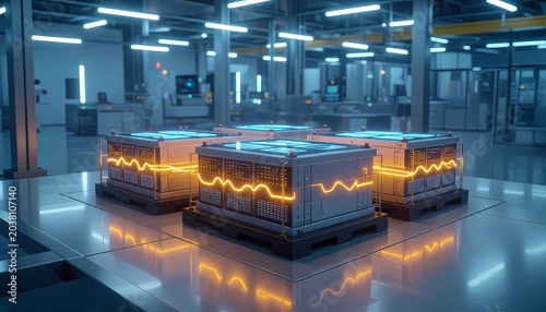 Modern solid state battery ecosystem visualization featuring clean renewable energy storage infrastructure.