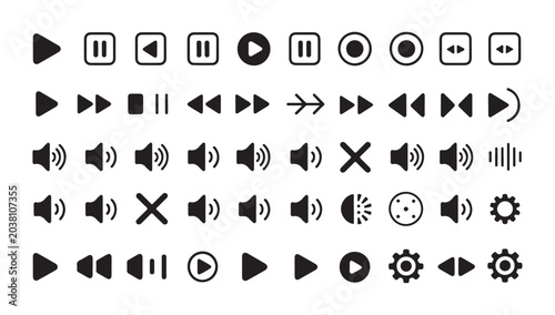 Set of multimedia player control icons including play pause and audio volume functions.