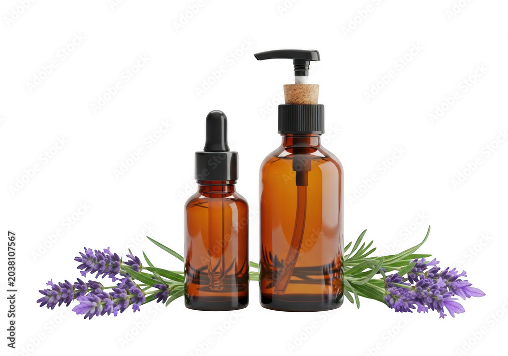 Fototapeta premium Three essential oil bottles with lavender flowers and stems on natural background