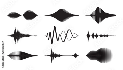 Fotografía Collection of various sound waveform visualisations representing audio signal frequencies