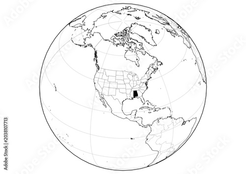Alabama US State Highlighted on 3D Orthographic World Globe Transparent 1-Bit Vector A4 Cartography Poster Design
