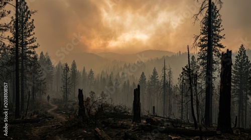 Survivor Walks Through Burned Forest Under Smoky Orange Sky