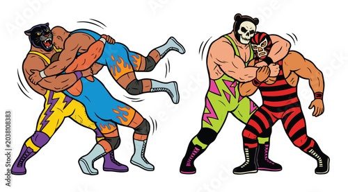 Tableau sur toile Colorful wrestling match with masked fighters in dynamic poses