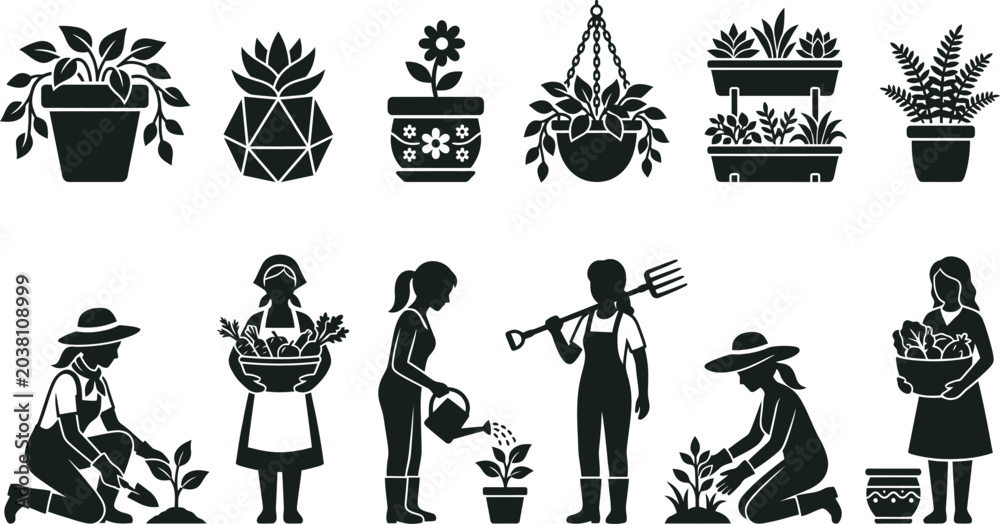 Naklejka premium Gardening themed silhouettes with plants in pots, hanging baskets, and various garden tools; also includes silhouette illustrations of people gardening, watering plants, and harvesting vegetables.