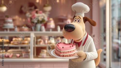 A cartoon dog dressed as a chef proudly holds a pink heart-shaped cake in a charming bakery setting.