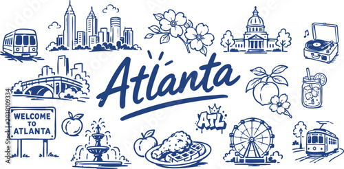 Fotografía Atlanta Travel Vector Set with Skyline, Peach, City Icons, Food, Transit and Sou
