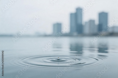 Water droplet creating ripples in a cityscape