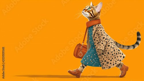 A stylishly dressed cat walks confidently with a handbag and scarf against a bright orange background, exuding urban sophistication.