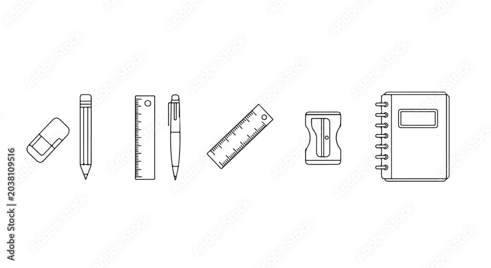 Obraz premium Line icons of school and office supplies including pencil, eraser, ruler, and notebook on white background