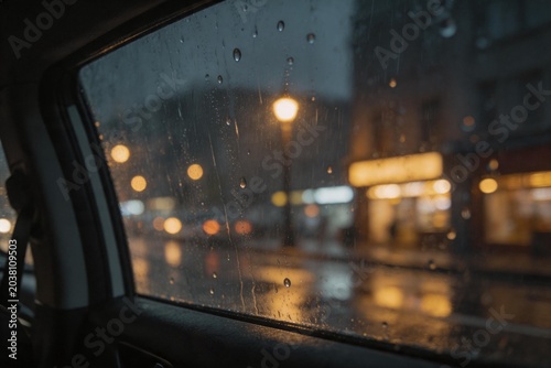 Raindrops on car window at night