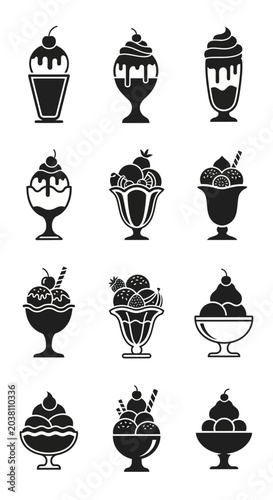 Set of Black Ice Cream Sundae Icons in Glass Bowls and Cups