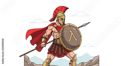 Tableau sur toile Spartan Warrior Holding Spear and Shield with Lambda Symbol