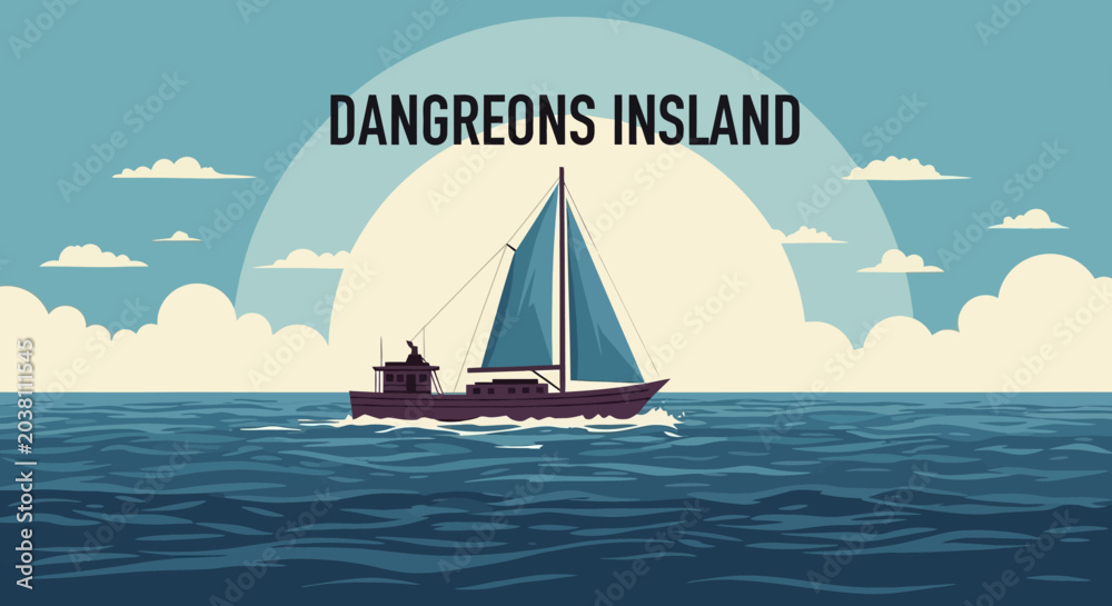 Naklejka premium Sailing boat at sea with sun and clouds, pixel art style, Dungeons Island text.