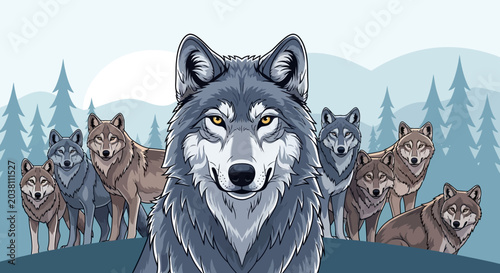 Schilderij op canvas Wolf Pack Leader Front Group Forest Nature Wild Animal Pixel Art
