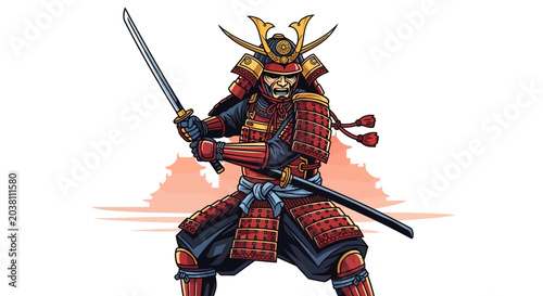 Fotografie Samurai Warrior in Armor Holding Katana Sword, Japanese Warrior Concept