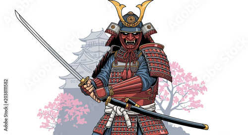Fotografie Samurai Warrior with Katana and Castle, Japanese Warrior Illustration