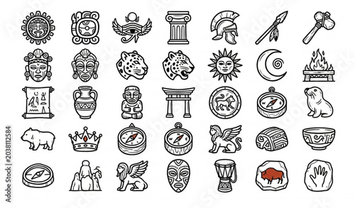 Tableau sur toile Ancient Culture Doodle Icons Set with Historical Civilization Symbols and Tribal