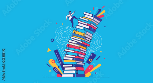 Ambitious young man in a white shirt and tie climbs up a dangerously tall stack of colorful books against a blue and abstract background.